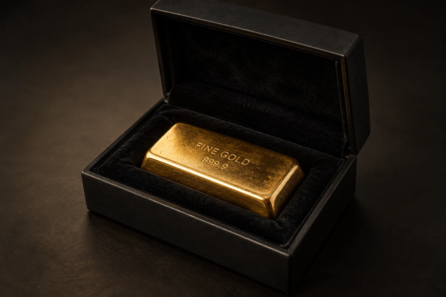 Gold bar in an open box lined with black velvet